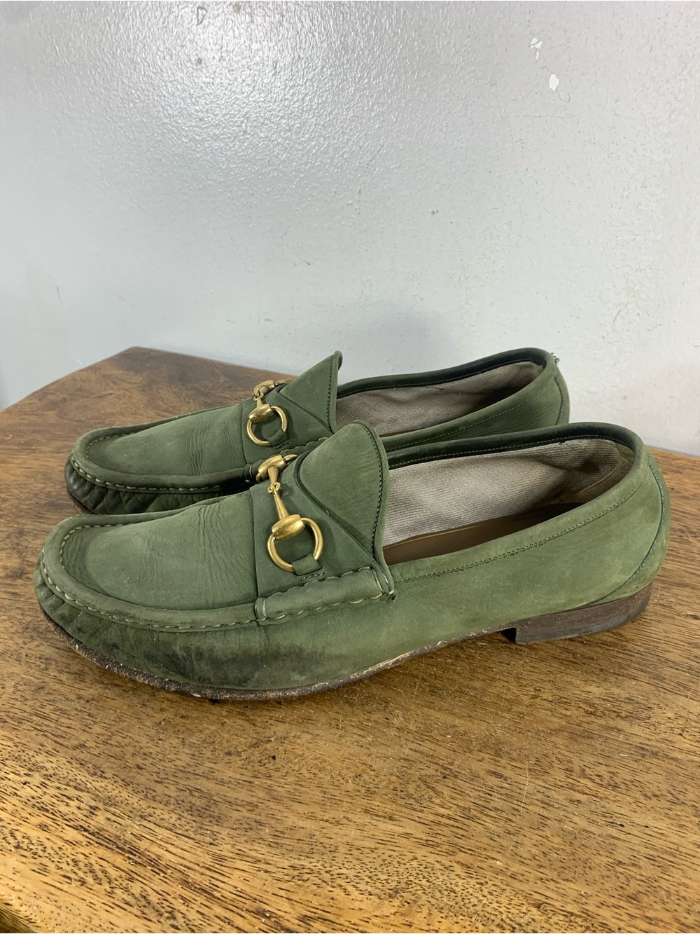 Vintage Gucci 1953 Horsebit Loafers Green Suede made in italy size 11